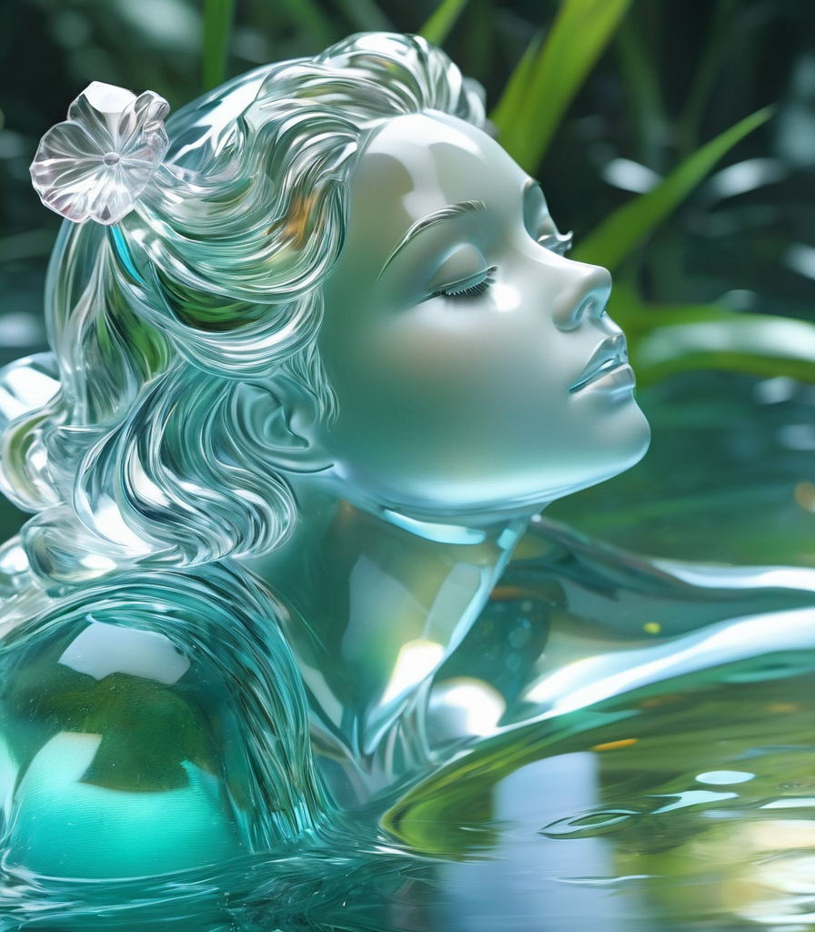 close up glasssculpture of a woman bathing in a river, translucent, transparent, reflections. cgsociety masterpiece, flowe...